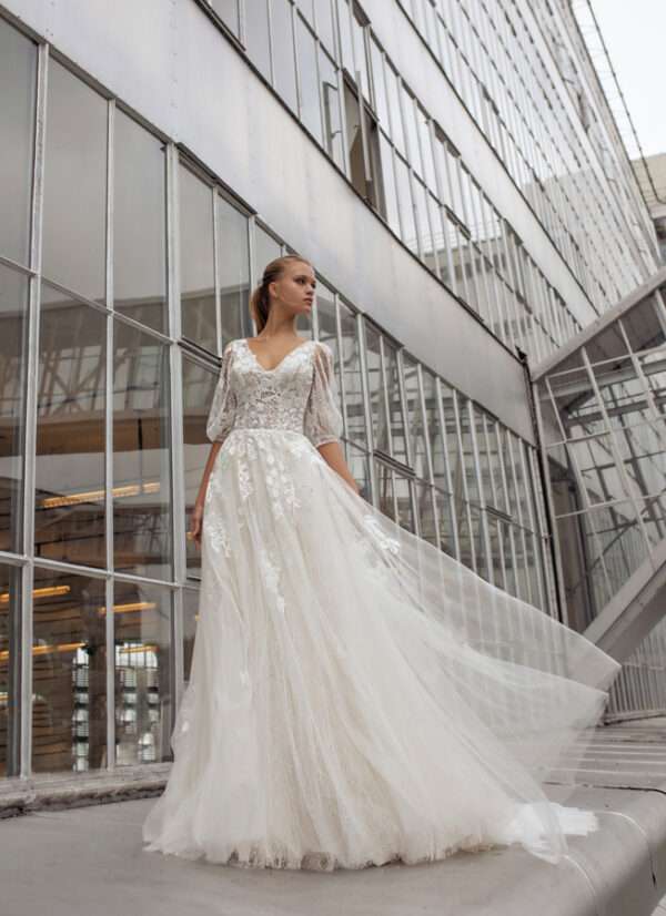 Moderne Braut Brautkleid Goslar Langarm Stäbchenspitze