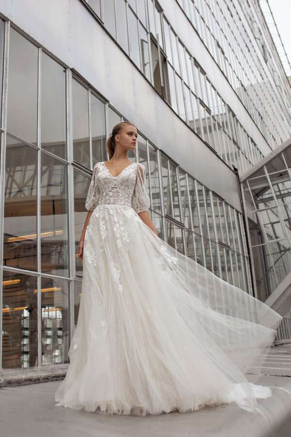 Moderne Braut Brautkleid Goslar Langarm Stäbchenspitze